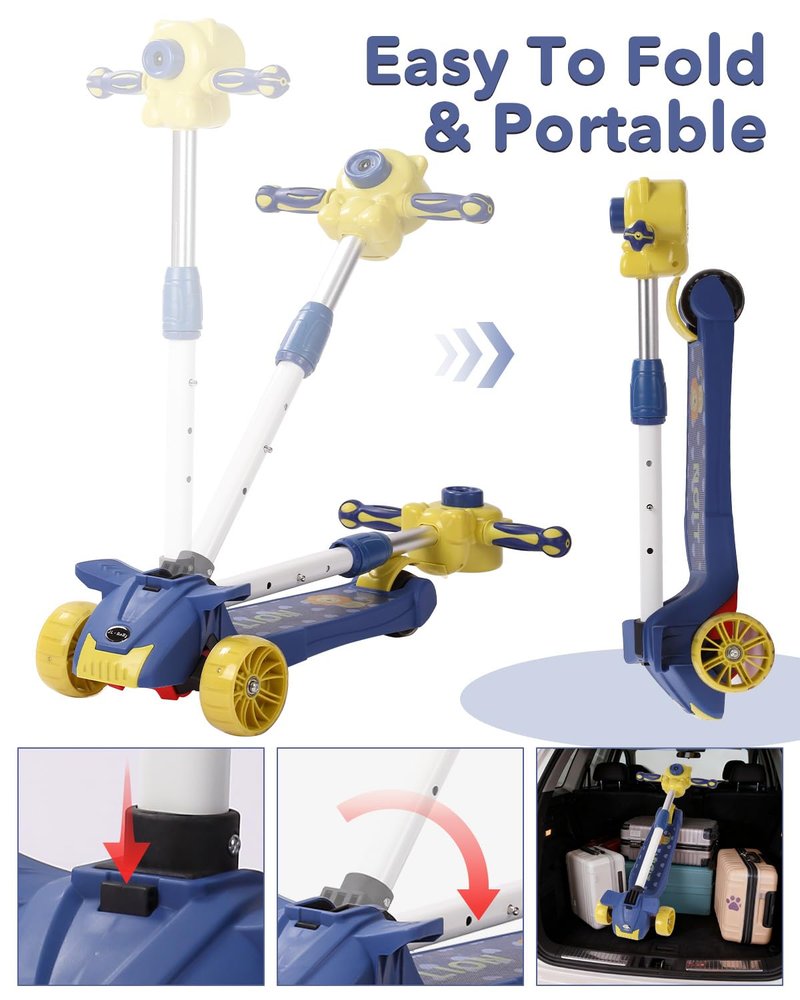 Kids Scooter with Bubble Machine for 3-10 Ages Kids, 3 Wheel Kick Scooter with LED Multi Color Wheel Lights and 3-Height Adjustable Handlebar, Toddler Scooter Lean to Steer for Boys & Girls (Blue)