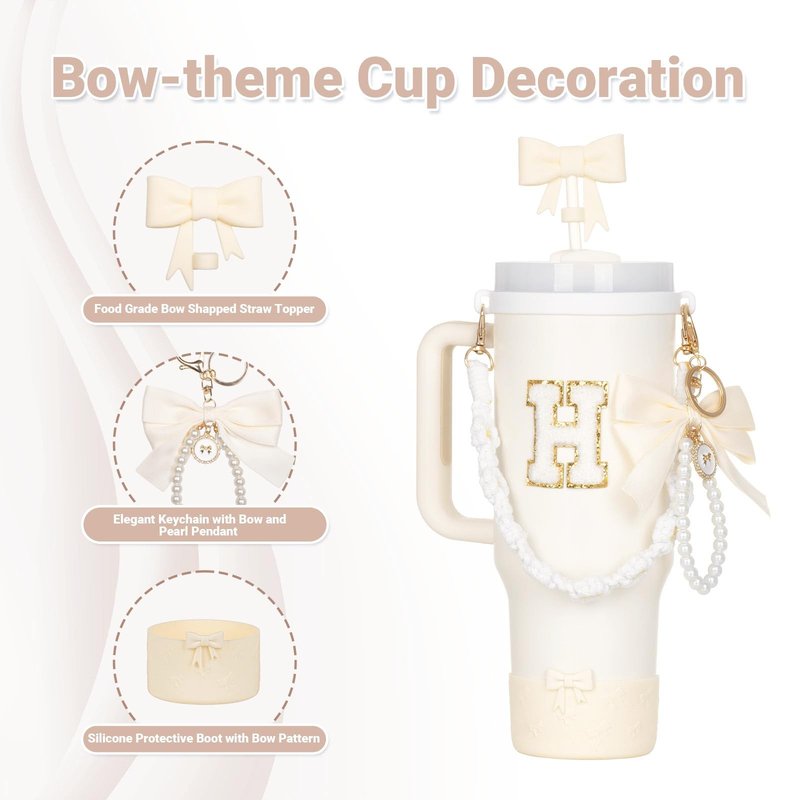 Rabrgab 7Pcs White Stanley Cup Accessories for 40Oz 30Oz 20Oz, Women Teen Girls Gifts, Stanley Tumbler Cup Decoration with Straw Topper, Bow Charm, Silicone Boot, Handle Strap, Letter Sticker T