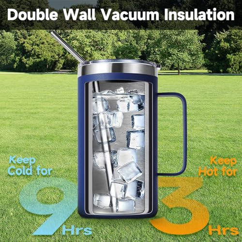 Volhoply 22oz Insulated Stainless Steel Travel Coffee Mug with Handle - Navy, Leakproof Lid, Reusable Tumbler for Hot & Cold Drinks, Bulk 2 Pack