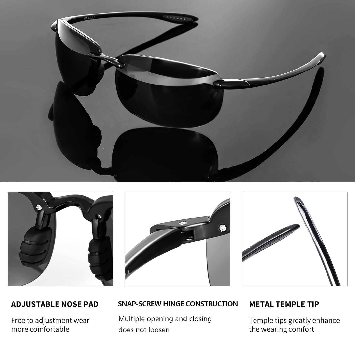 MAXJULI Polarized Sport Sunglasses for Men Women TR90 Rimless Frame for Running Fishing Baseball Driving 8250 C1 Black/Grey