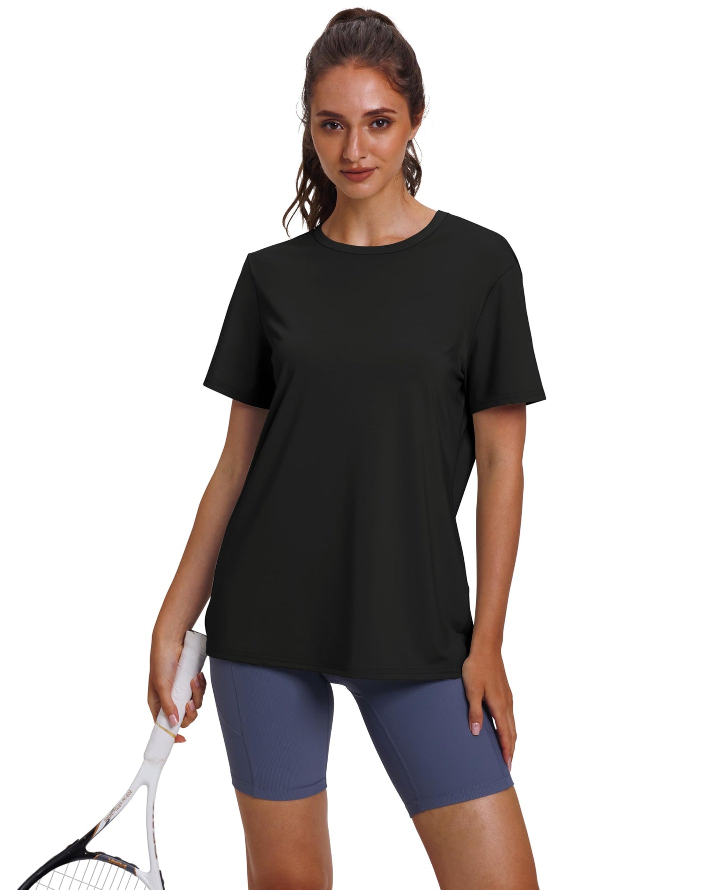 OFEEFAN Pilates Outfits for Women Beach Vacation Essentials Athletic Tops for Women Short Sleeve Tshirts Shirts for Women Black L