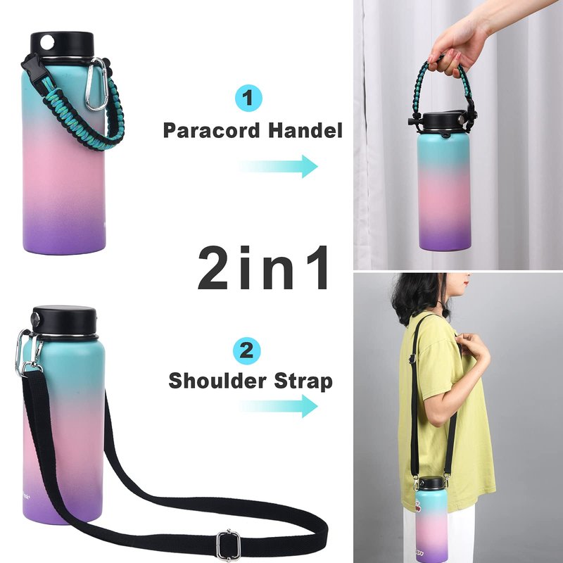 Wongeto Paracord Handle with Adjustable Shoulder Strap Compatible with Hydro Flask Wide Mouth Water Bottles 12oz, 18oz, 24oz, 32oz and 40oz - for Walking,Camping,Gym,School (Mint Green)