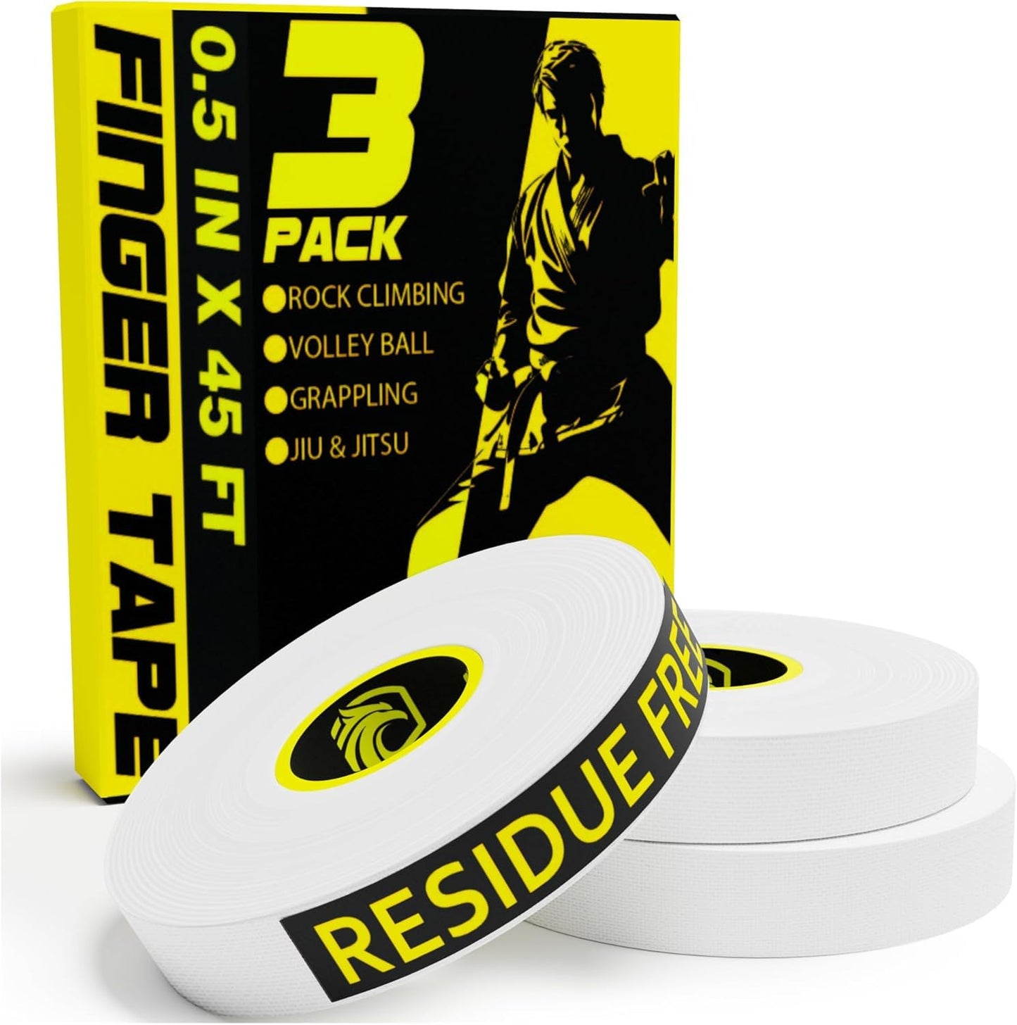 EAGLES Finger Tape 2, 3, 6 or 12 Pack Black or White | Residue Free Skin Friendly Strong Athletic Sports Tapes | 0.5” x 45 Ft for BJJ Jiu Jitsu Grappling MMA Knob Tape Weight (White, 3 Pack)