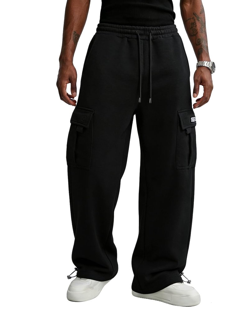 PIDO YOGA Men's Cargo Sweatpants Cotton Fleece Loose Fit Casual Jogging Hiking Pants Open Bottom Sweatpants for Men Athletic Workout with Pockets,Black