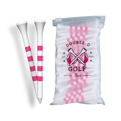Double-D Golf Bamboo Golf Tees Supporting Breast Cancer Research | 10% Profit Donation | Two Size Options (2 3/4" & 3 1/4") | Striped Pink and White | Biodegradable & Eco-Friendly