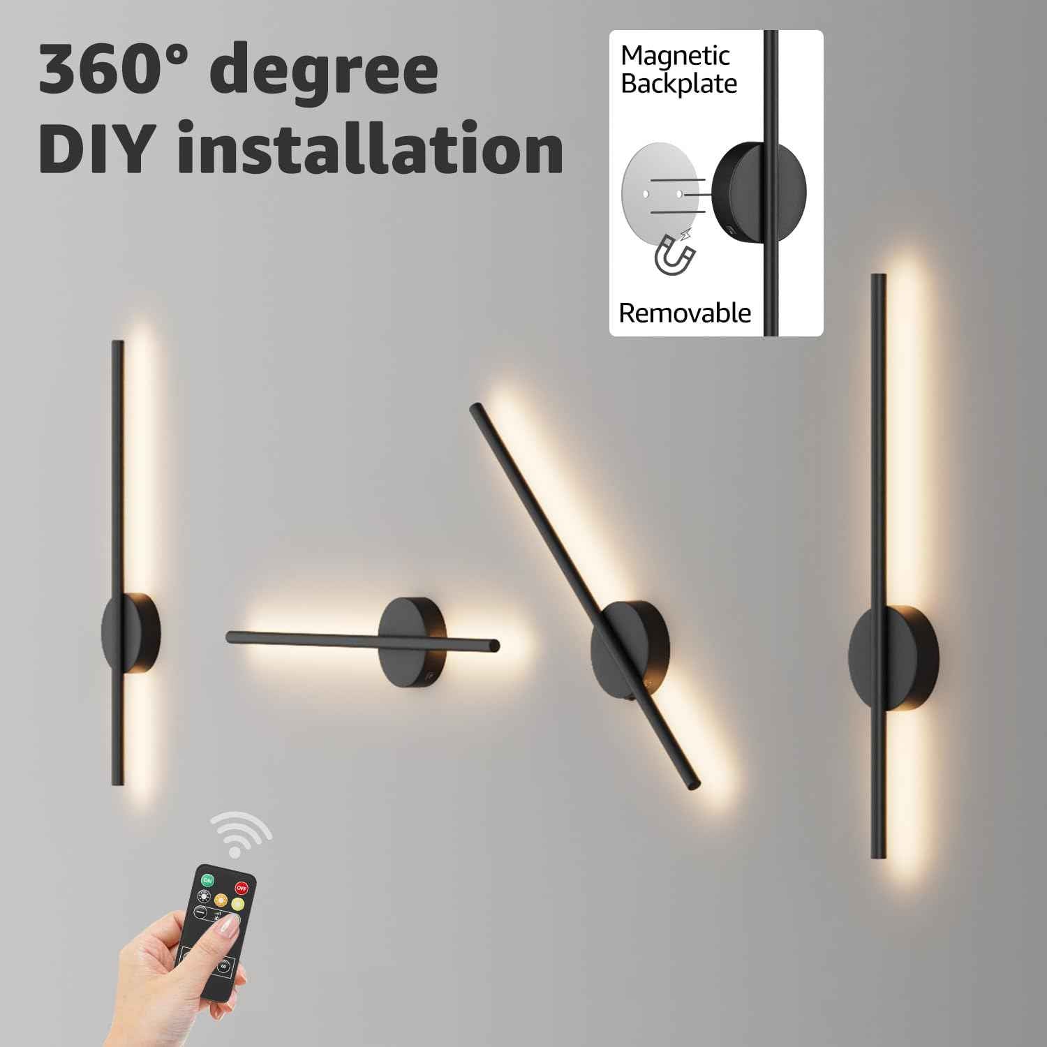 Black Battery Operated Wall Sconces 2 Packs with Remote Control, Dimmable Rechargeable Wall Sconces, 360°Rotate, LED Wireless Stepless Dimming Wall Lights for Living Room, Hallway, Bedroom 23.6 Inch