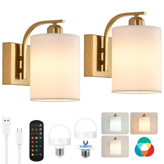 Battery Operated Wall Sconce Set of 2,Gold Rechargeable Wall Lights with Remote Control,15 Colours Wireless Wall Sconce with 3000mAh Dimmable Detachable Bulb for Bedroom, Living Room and Hallway