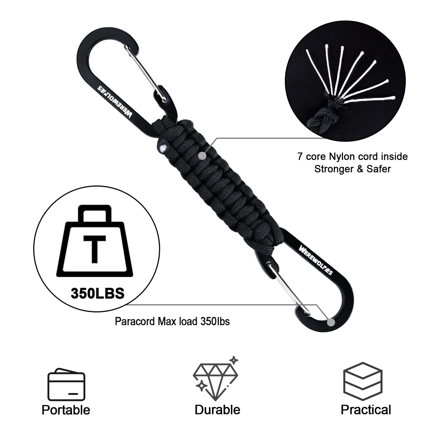 WEREWOLVES 3 Pack Paracord Keychain Carabiner, Carabiner Clip for Backpacks, Adventure