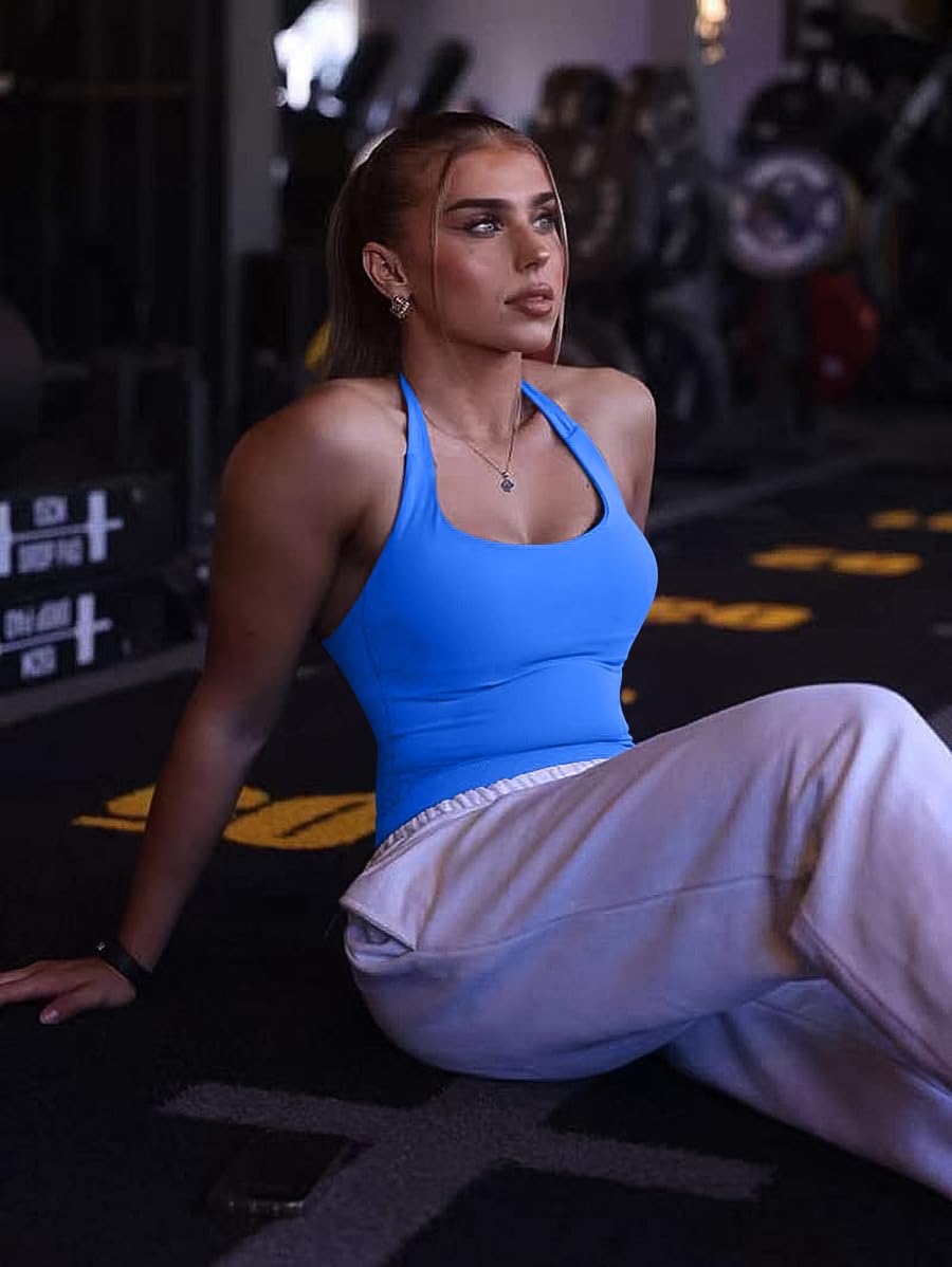 TRYTO Impact Halter Top Sports Yoga Tanks Women Workout Fitness Gym Outdoor Running Tank Tops Electric Blue, Medium