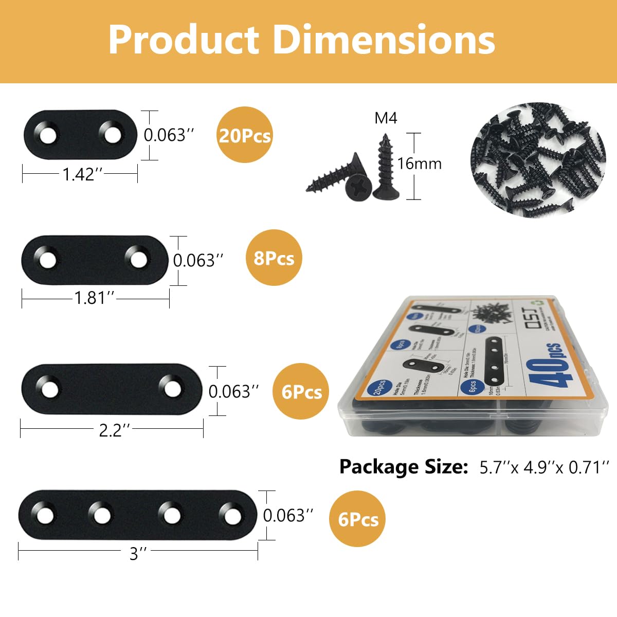 QSJ 40 Pack Black Corner Braces Flat Bracket Set 1.42/1.81/2.2/3inch Stainless Steel Metal Plate for Wood