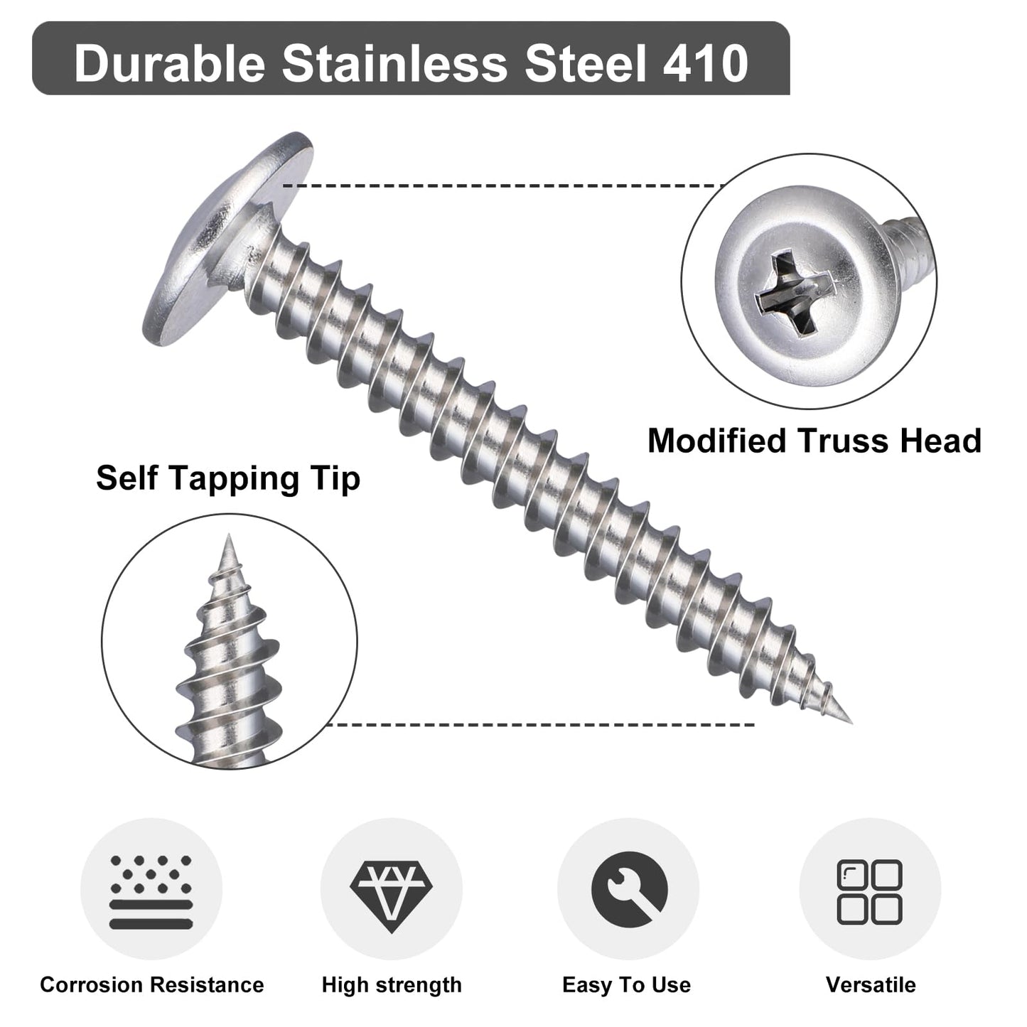 VGBUY 165Pcs #8 Modified Truss Head Wood Screws Assortment Kit, Stainless Steel 410 Quick Metal Self Tapping Screws, 6 Sizes (1/2", 3/4", 1", 1-1/4", 1-1/2", 2")