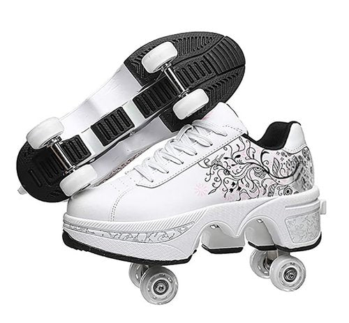Roller Skate Shoes for Women, Double-Row Deform Quad Roller Skates, Automatic Walking Shoes Detachable Roller Skate, Shoes with Wheels for Girls Boys, Skating Shoes Unisex (White Flower, US 8)