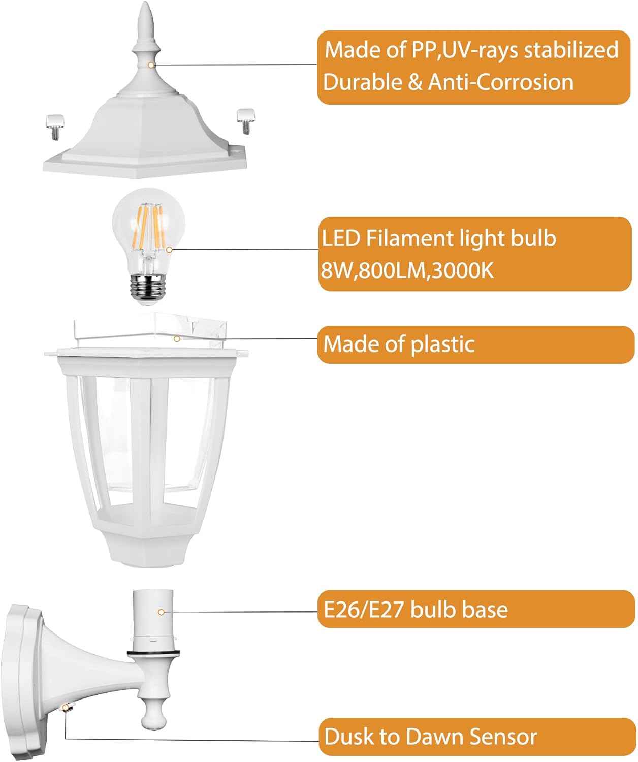 Outdoor Wall Light with Dusk to Dawn Sensor - 2-Pack LED Lanterns for Porch & Garage