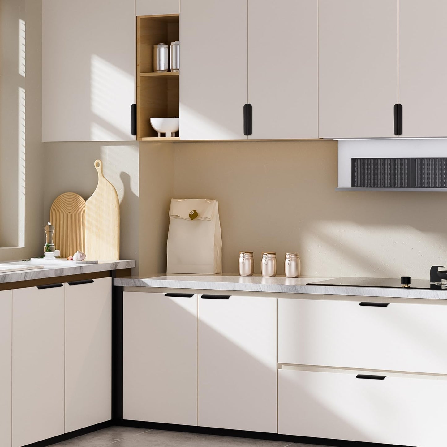 Cekikibi 5 Pack Adhesive Edge Finger Pulls for Cabinets，Kitchen Aluminium Alloy Concealed Drawer Pulls No Drilling Required Flat Stick On Cabinet Handles (Black, 3.15" Overall Length)