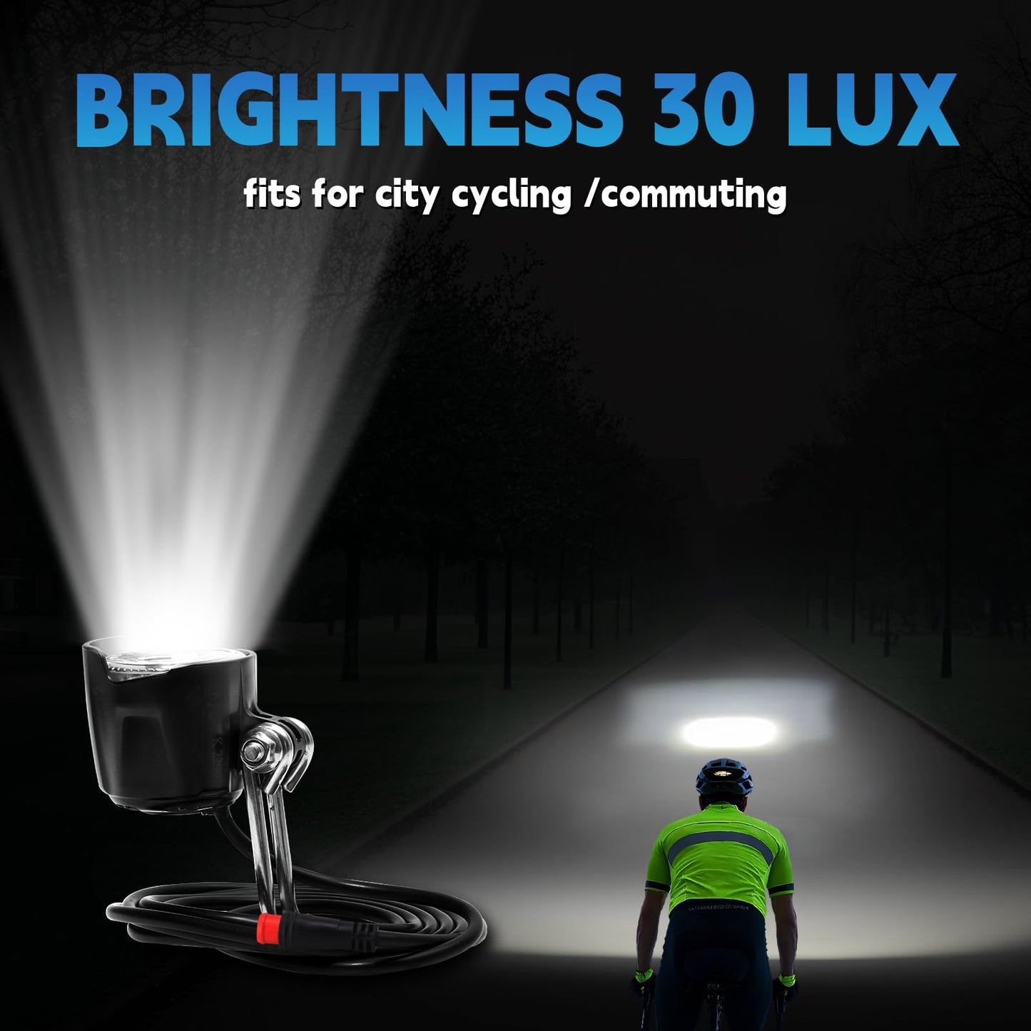 Universal eBike Headlight, 2 Pin Waterproof Connector, Wide Voltage DC 6V - 60V, Compatible with Electric Bike Bicycle Motorcycle & Scooter