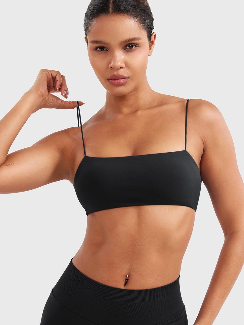 YEOREO Women's Spaghetti Strap Sports Bra Enidy Square Neck Yoga Wireless Low Impact Padded Seamless Cami Crop Top Black S
