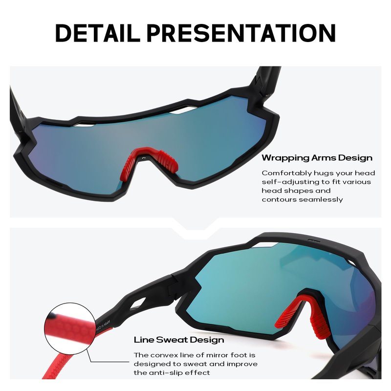 TUKOOL Cycling Glasses Men Women - TR90 Lightweight Frame Sports Sunglasses, High-Clarity PC Lenses, Anti-Fog Ventilation Wind Tunnel Design for MTB Running Baseball