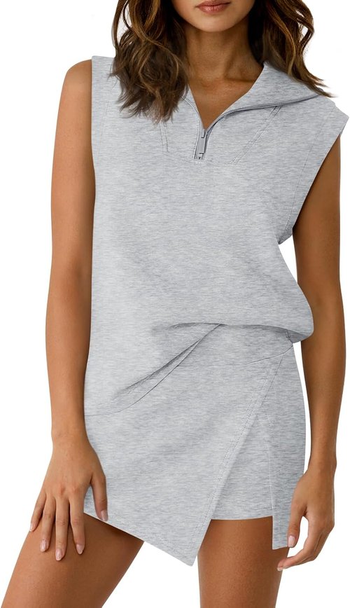 Fisoew Women's 2-Piece Skirt Set - Summer Sleeveless Half-Zip Sweatshirt & Athletic Skorts | Casual Tennis Outfit