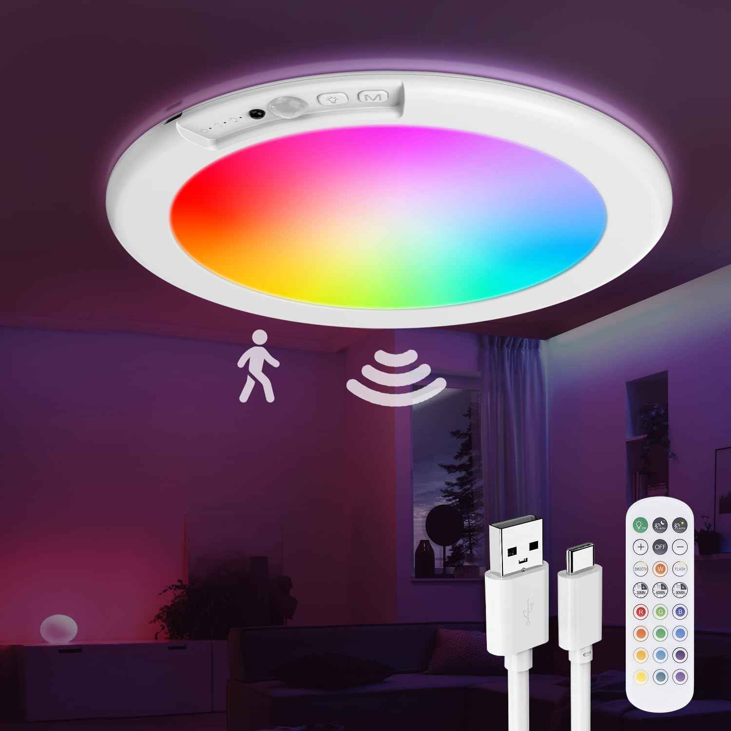 Rechargeable Ceiling Light with Remote, Shower Lights for Inside Shower with Color Changing & White Lights, Magnetic Motion Sensor Closet Light Battery Powered Ceiling Light for Shower Closet Bathroom