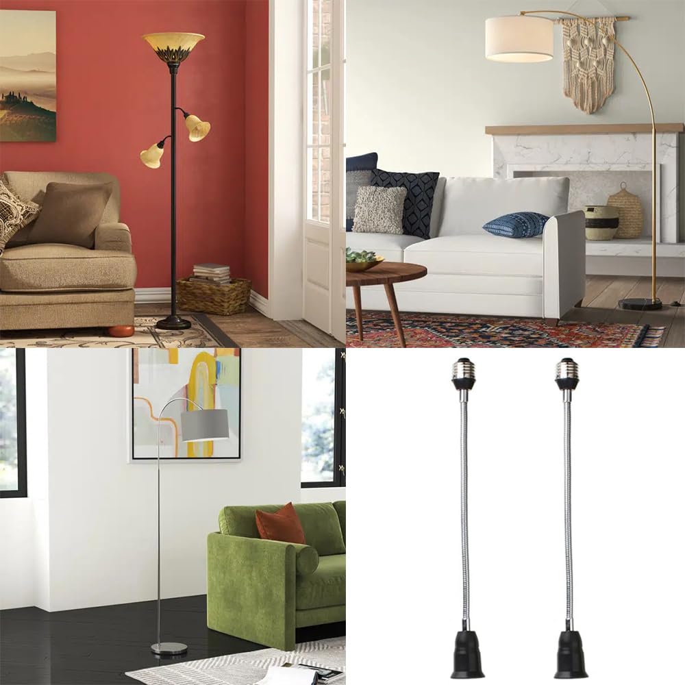 E26/E27 40cm/16 inch Extension Socket Extender Adapter, E26 to E26 Flexible Extension, All-Directional Adjustable Standard Medium Light Bulb Socket Converter,Black (2 Pack)