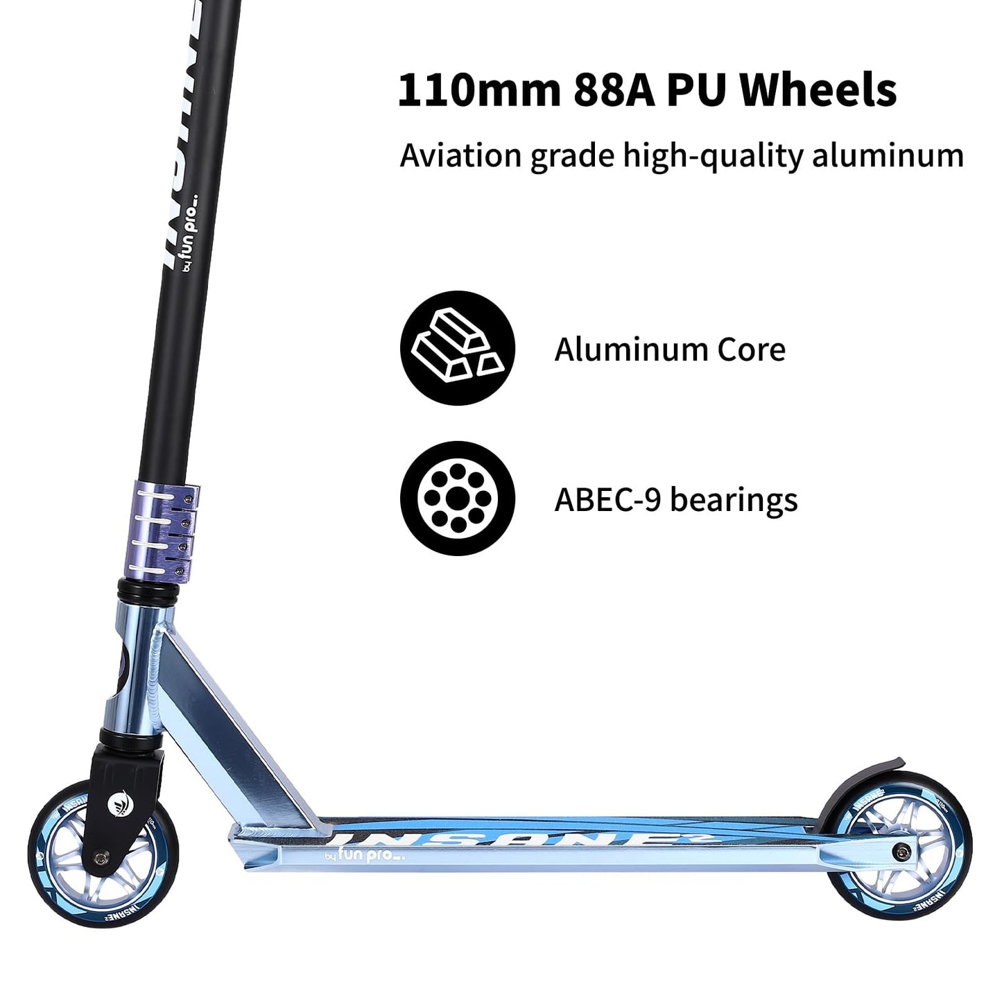 Pro Stunt Kick Scooter with Freestyle BMX Handlebars with 110mm Wheels & ABEC-9 and 88A high Elastic PU Wheels with Aluminum hubs(Sapphire Blue)