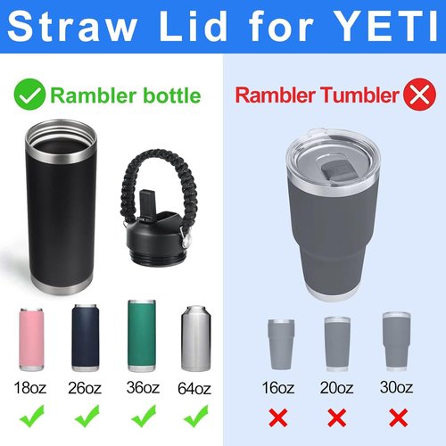 Straw Lid for Yeti Rambler 18 26 36 46 64 oz Bottles | Cap with Straws and Paracord Flex Handle | Replacement Screw Top for Yeti Kids Jr 12 Ounce Cup | Leak-proof Water Bottle Accessories | Black