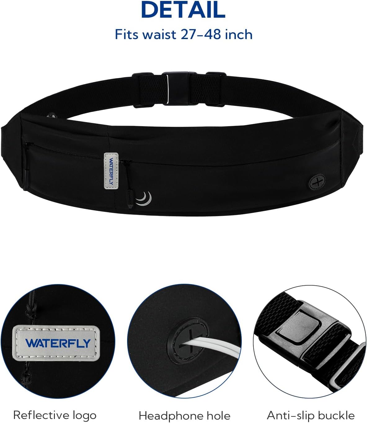 WATERFLY Running Belt - Slim Fanny Pack for Jogging & Fitness | Phone Holder Waist Bag in Black