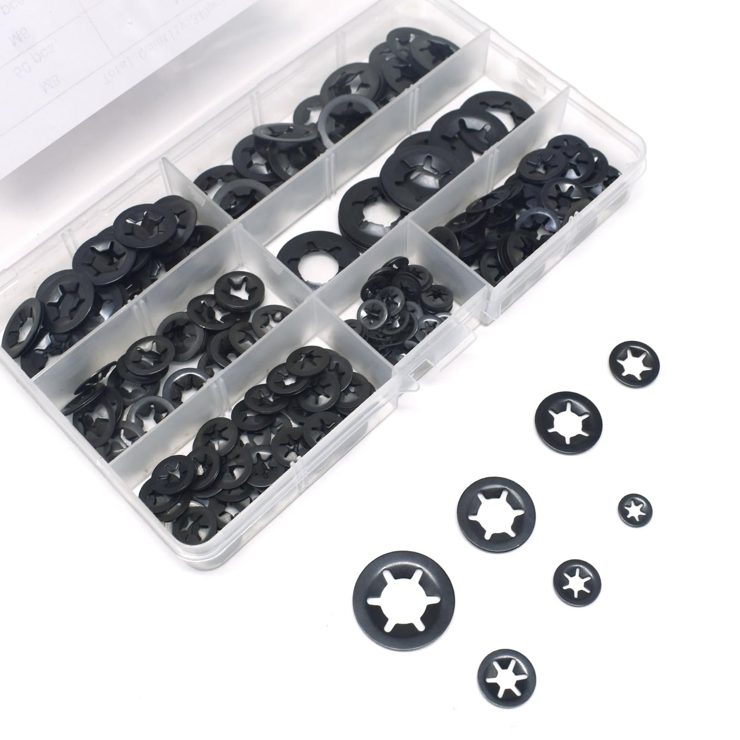 Renashed 340Pcs Internal Tooth Star Lock Washers, M3-M12 Quick Speed Locking Washers Assortment Kit 65Mn Steel Black Oxide Finish Push on Locking Washer, 7 Size