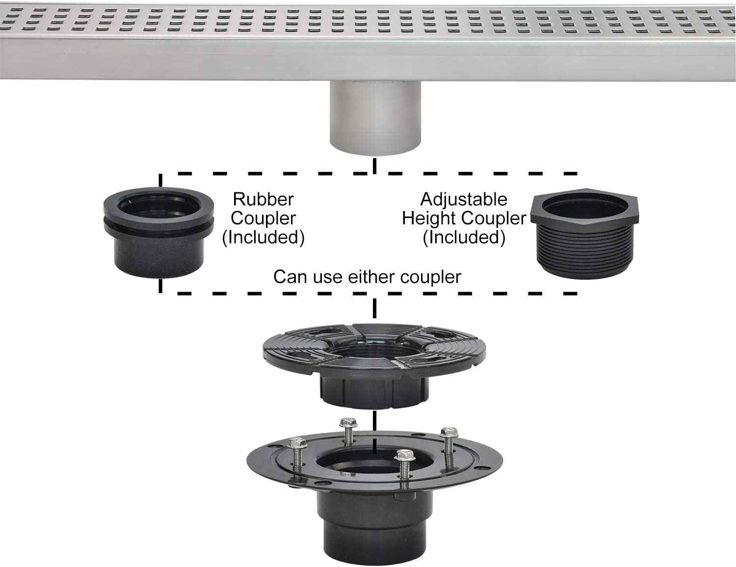 Elefloom Shower Drain Base, 2 inch ABS Shower Drain Flange with Threaded Joints and Rubber Joints for Square and Linear Shower Drain Installation
