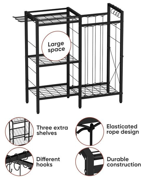 Fiwithy 3 Tiers Dumbbells Yoga Mat Storage Rack with Elastic Straps for Kettlebells Foam Roller Resistance Bands Balls, Workout Equipment Organizer Weight Storage Holder with Hooks for Home Gym, Black