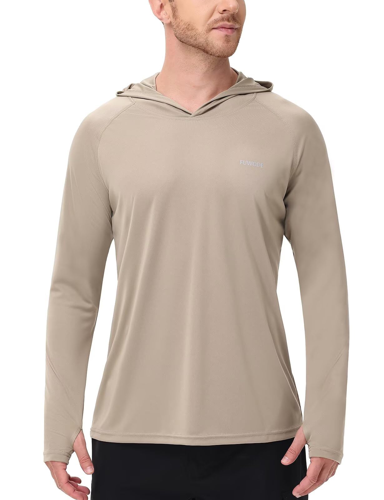 FUWODE Mens Long Sleeve Sun Shirt with Hood SPF UV Protection Clothing for Hiking Fishing Running Rush Guard Dri Fit Khaki