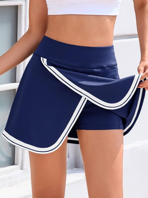 Fisoew Womens Golf Tennis Running Skorts Striped Elastic Waist Skirts Quick Dry Workout Athletic Shorts with Pockets Navy