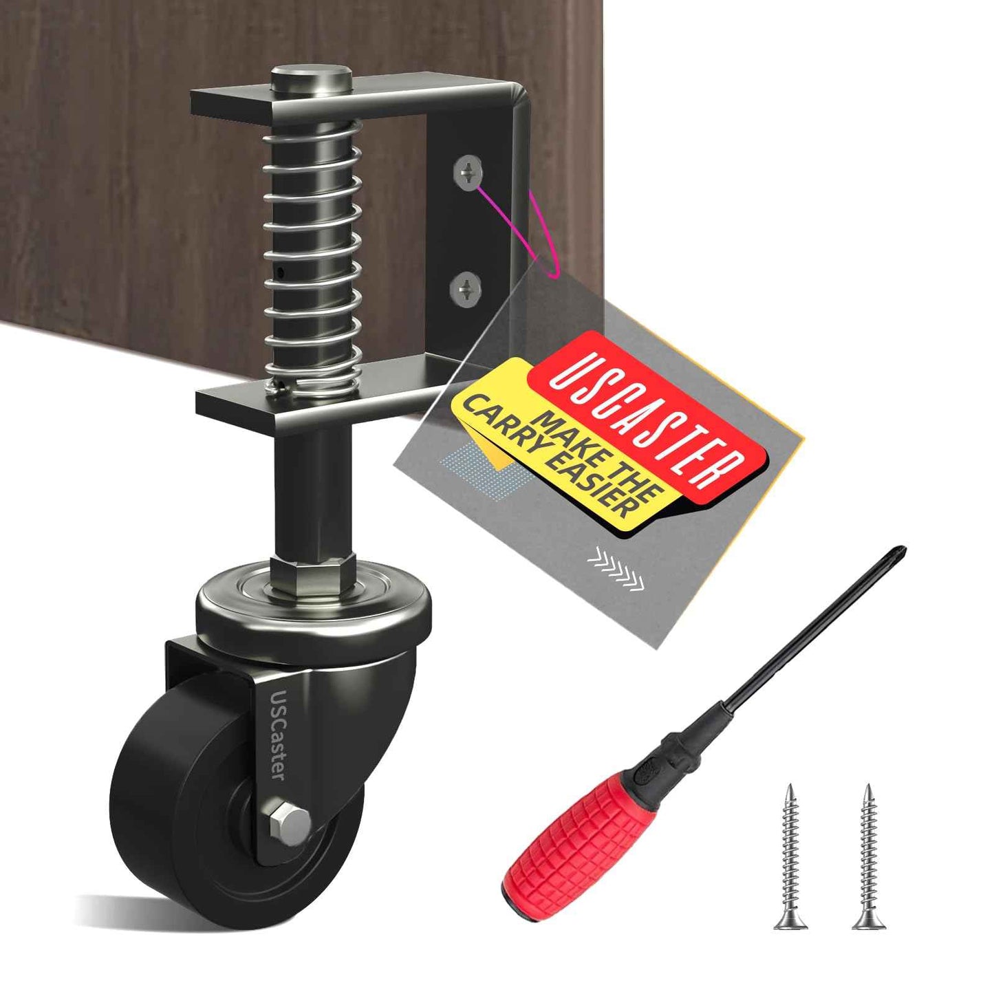 USCaster 1 Pack Gate Caster 2inch Wheel for Wooden Gates - 80lbs Capacity, 360 Rotation, Solid Rubber Tire, Spring-Loaded, Black