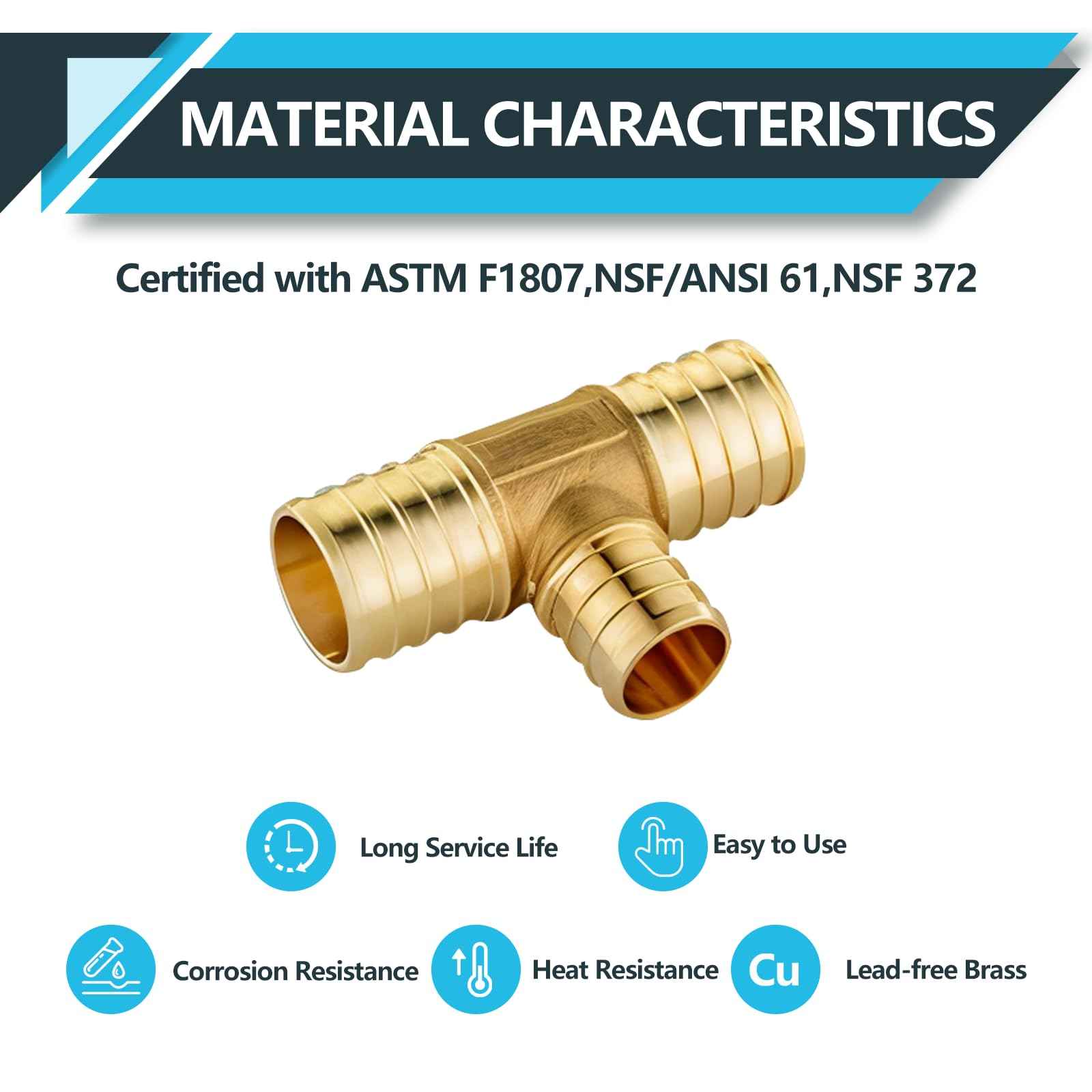 Seelink (5-Pack) PEX Fittings, 1" x 1" x 3/4" Pex Reducing Tee, Brass Crimp Fittings, for PEX Tubing Pipe Plumbing, ASTM F1807(PEX1807090)