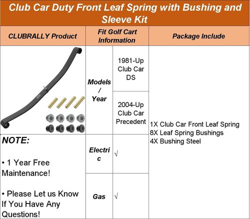 CLUBRALLY Club Car Golf Cart Front Leaf Springs (1PCS) with Bushing and Sleeve Kit for Club Car DS & Precedent Golf Carts 1012030 103628801