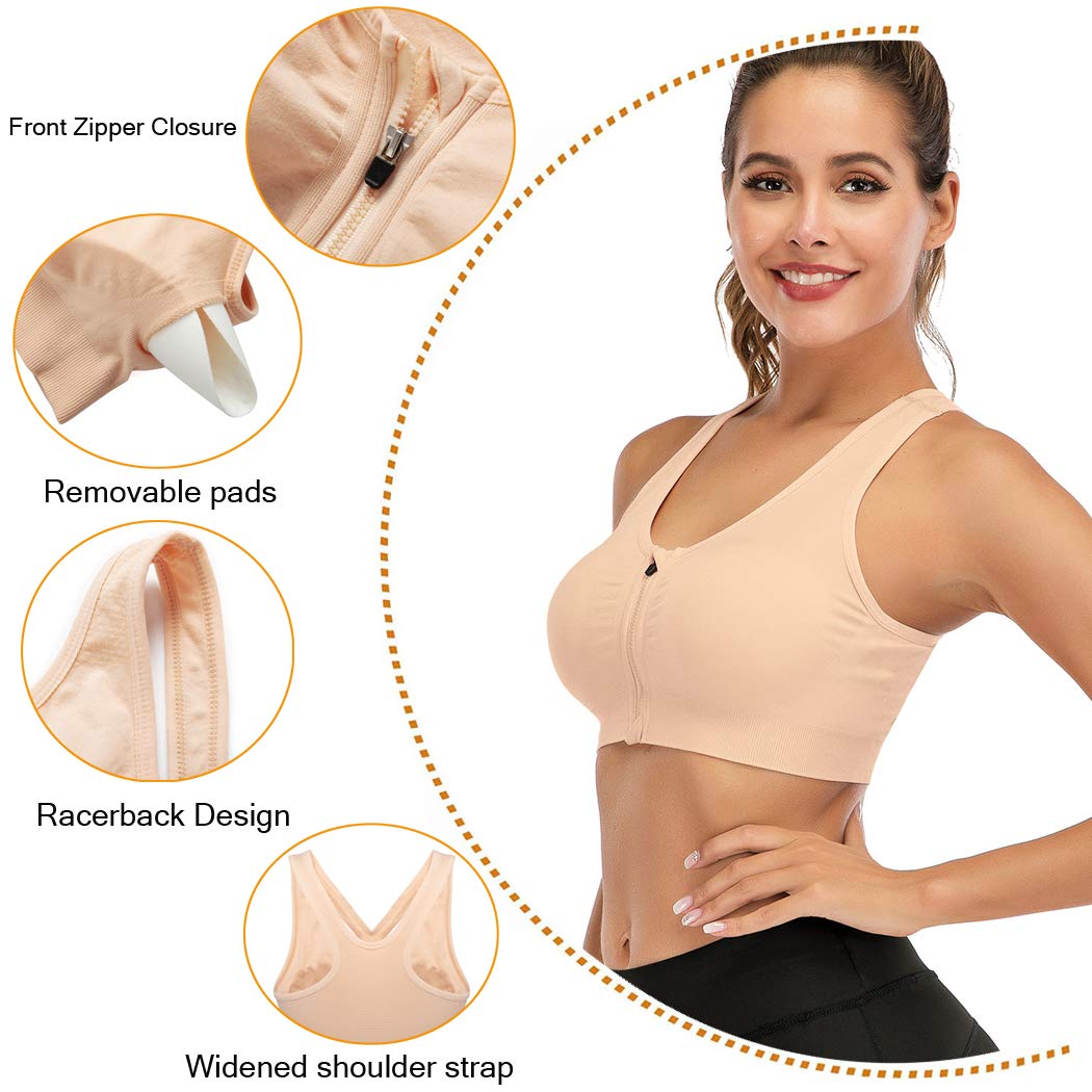Womens Zip Front Sports Bra Wireless Post-Surgery Bra Padded Strappy Medium Support Yoga Exercise Athletic Bras Beige