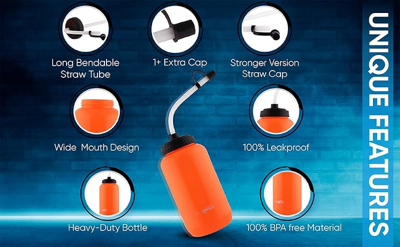Pro Impact Red Squeezable Water Bottle 35.5 oz with Bendable Long Straw - BPA Free