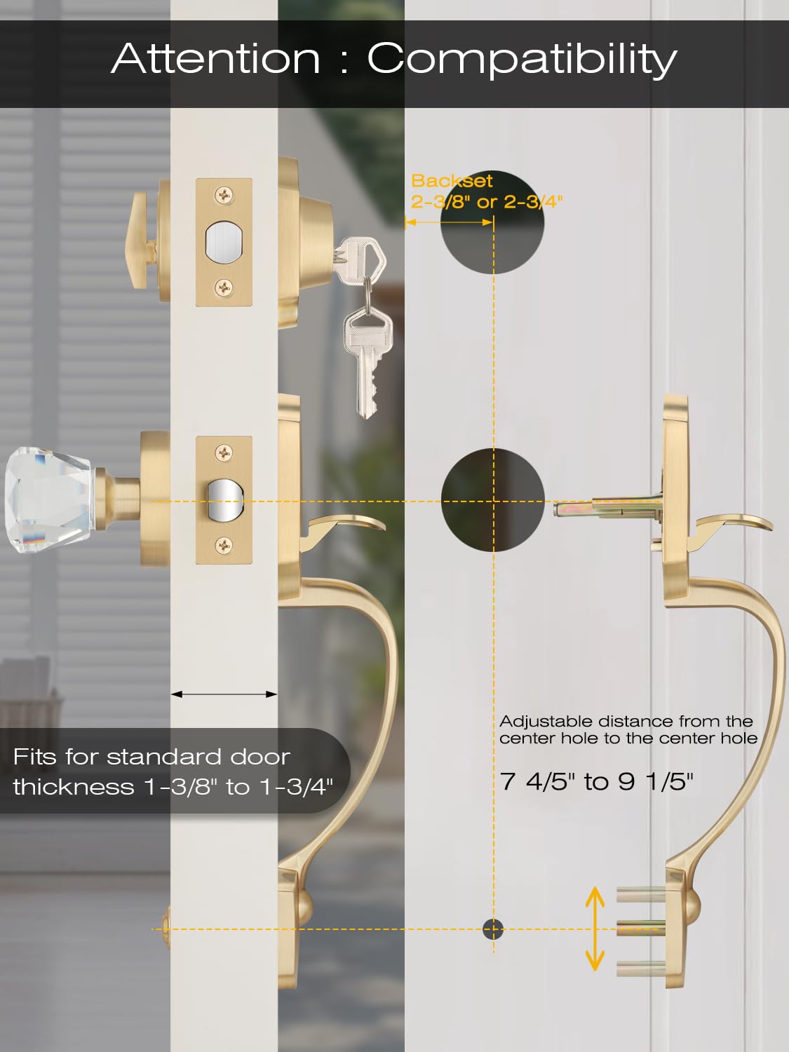 EHOMEWARE 1 Pack Front Door Lock Set, Exterior Door Handle Gold, Entry Door Locksets with Deadbolt, Front Door Handle, Glass Door Knobs, Reversible for Left & Right Doors, Satin Brass Finish