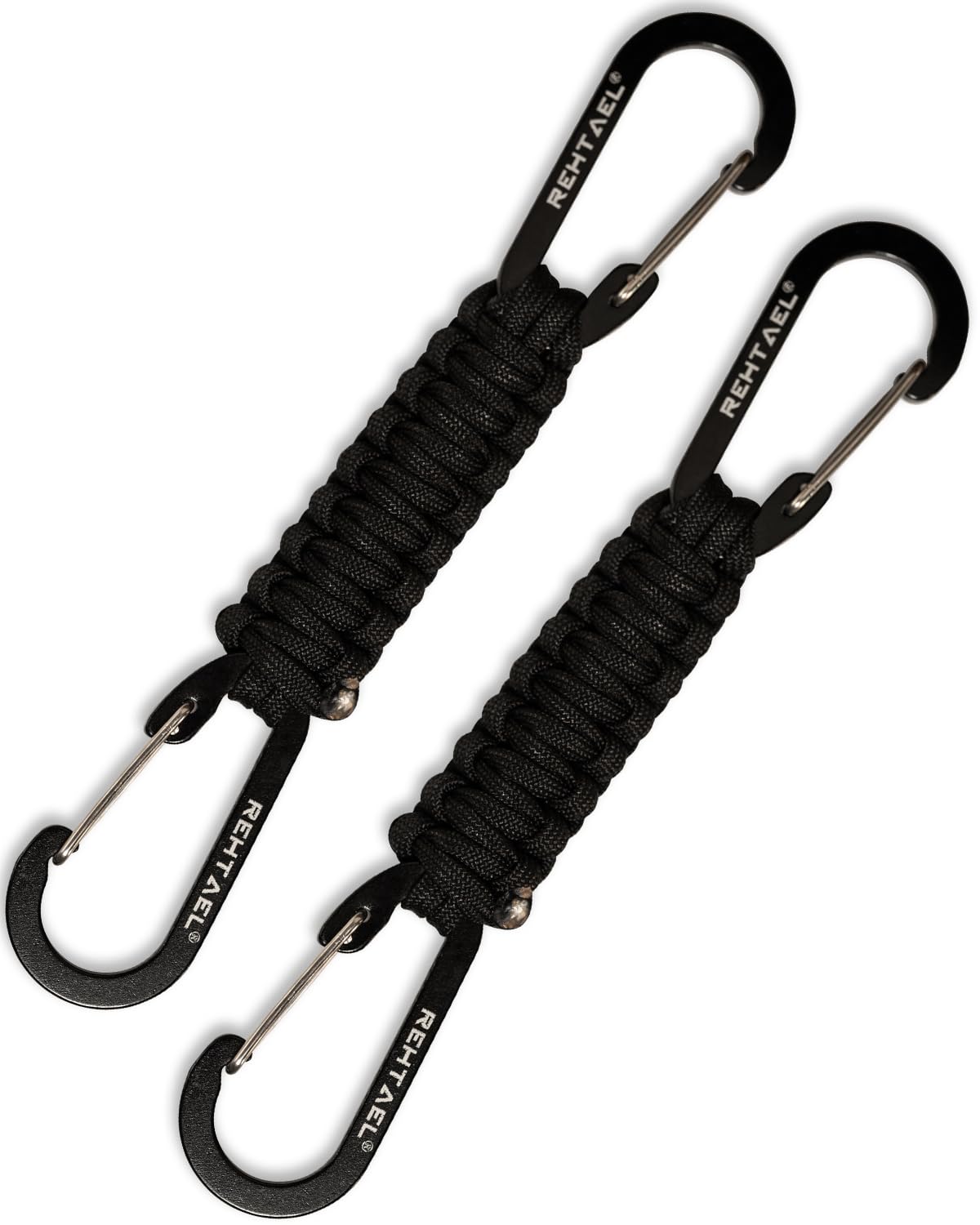 REHTAEL Heavy Duty Paracord Keychain with 2 Carabiner Clip for Keys, Military Lanyard Key Chain, Stroller Clip Hooks for Water Bottle Backpack Men Women, Camping Hiking (2Pcs, 2 X Black)