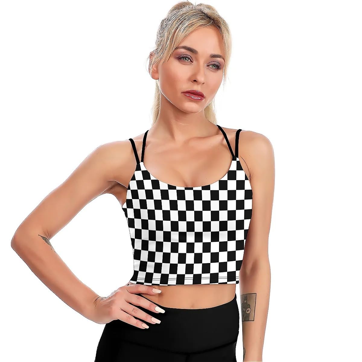 Black White Race Checkered Flag High Impact Sports Bras for Women Longline Padded Workout Running Crop Tops Support Yoga Tank Tops M