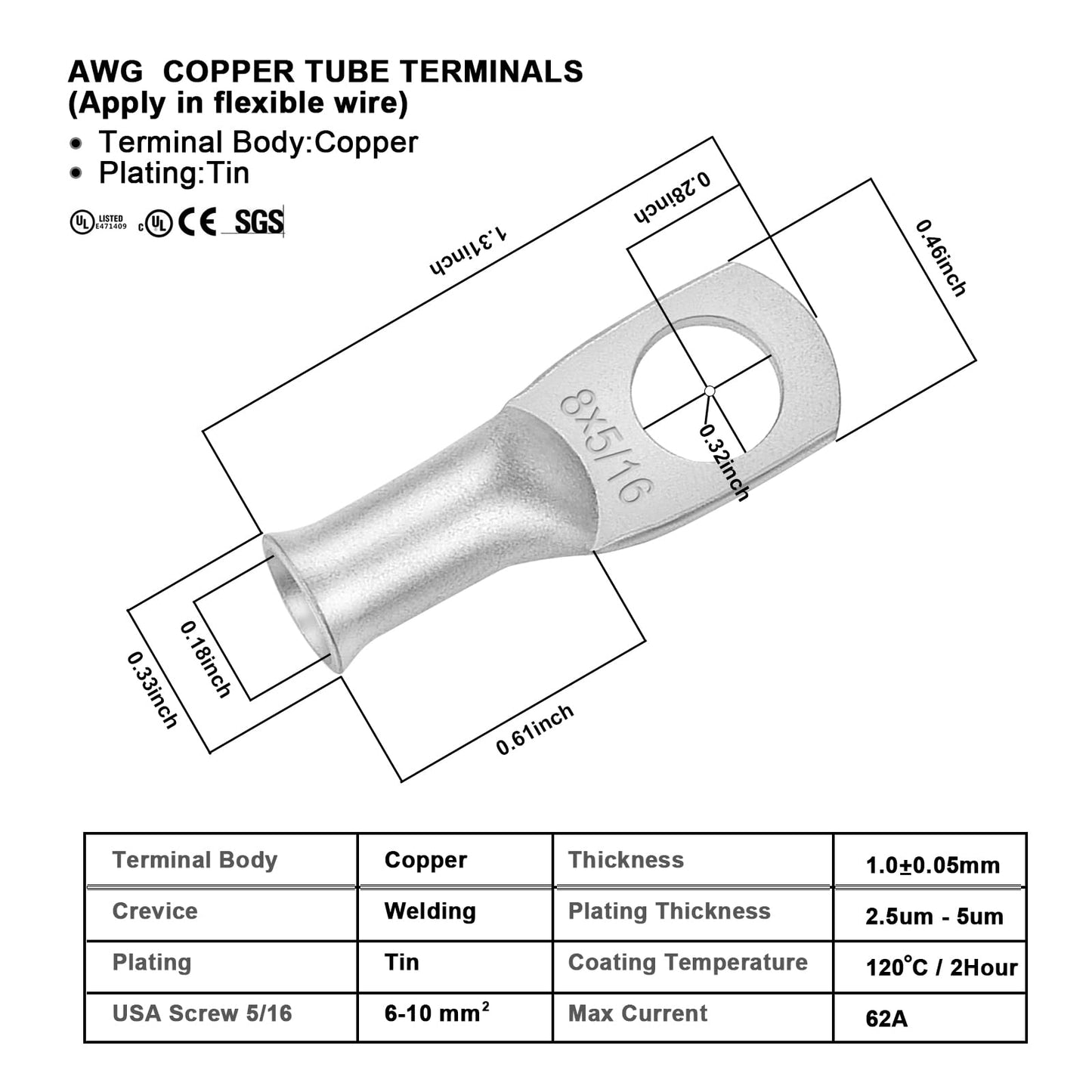 iGreely Battery Cable 8 AWG 8 Gauge Wire Made with Tinned Copper Wire Battery Power Inverter Cables with 5/16" Lugs Terminals for Solar Panel Automotive Motorcycle RV Marine 1ft/30cm