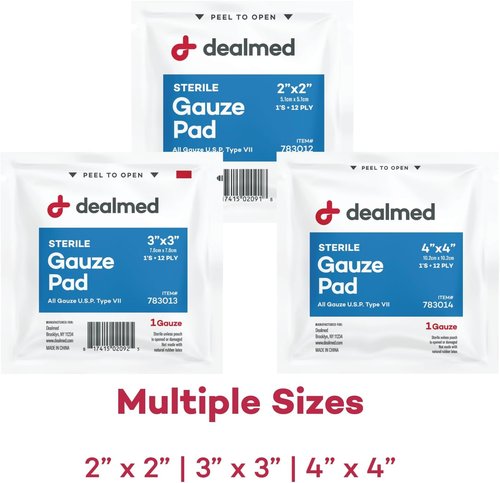 Dealmed Sterile Gauze Pads - 2" x 2" Disposable Medical Wound Care (100 Count, Case of 24)