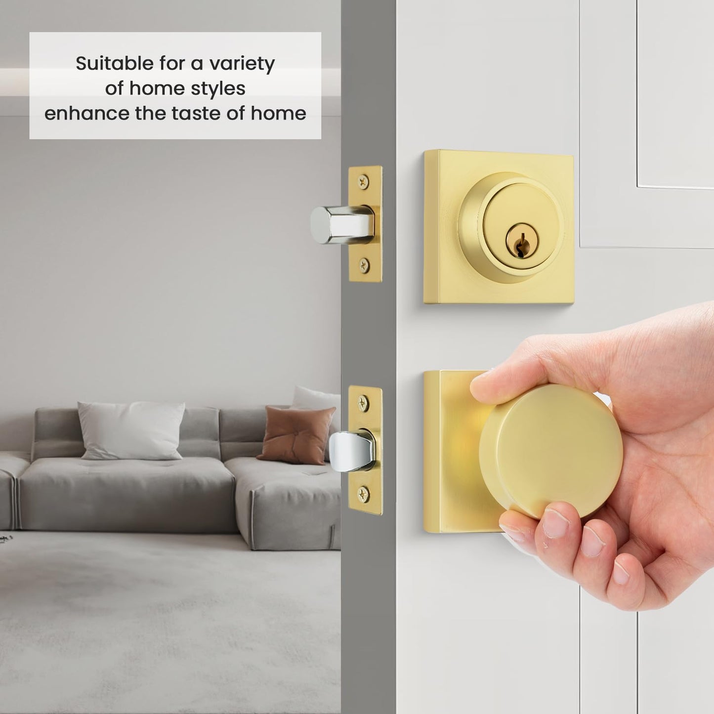 goldenwarm Gold Door Knobs with Deadbolt, Zinc Alloy Brushed Gold Exterior Door Knobs Lock Set with Deadbolt, Heavy Duty Door Locks for Front Door - Modern & Stylish(2 Pack)