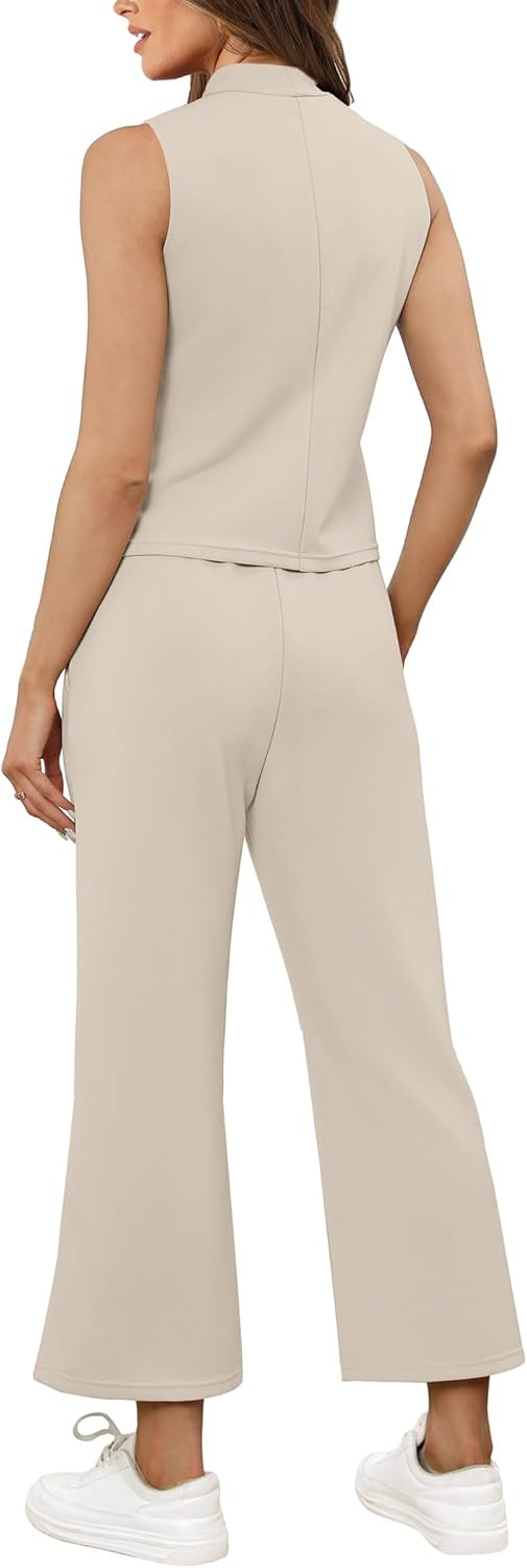 SAMPEEL Summer Two-Piece Sets for Women - Stylish Mock Neck Tops & Wide Leg Crop Pants