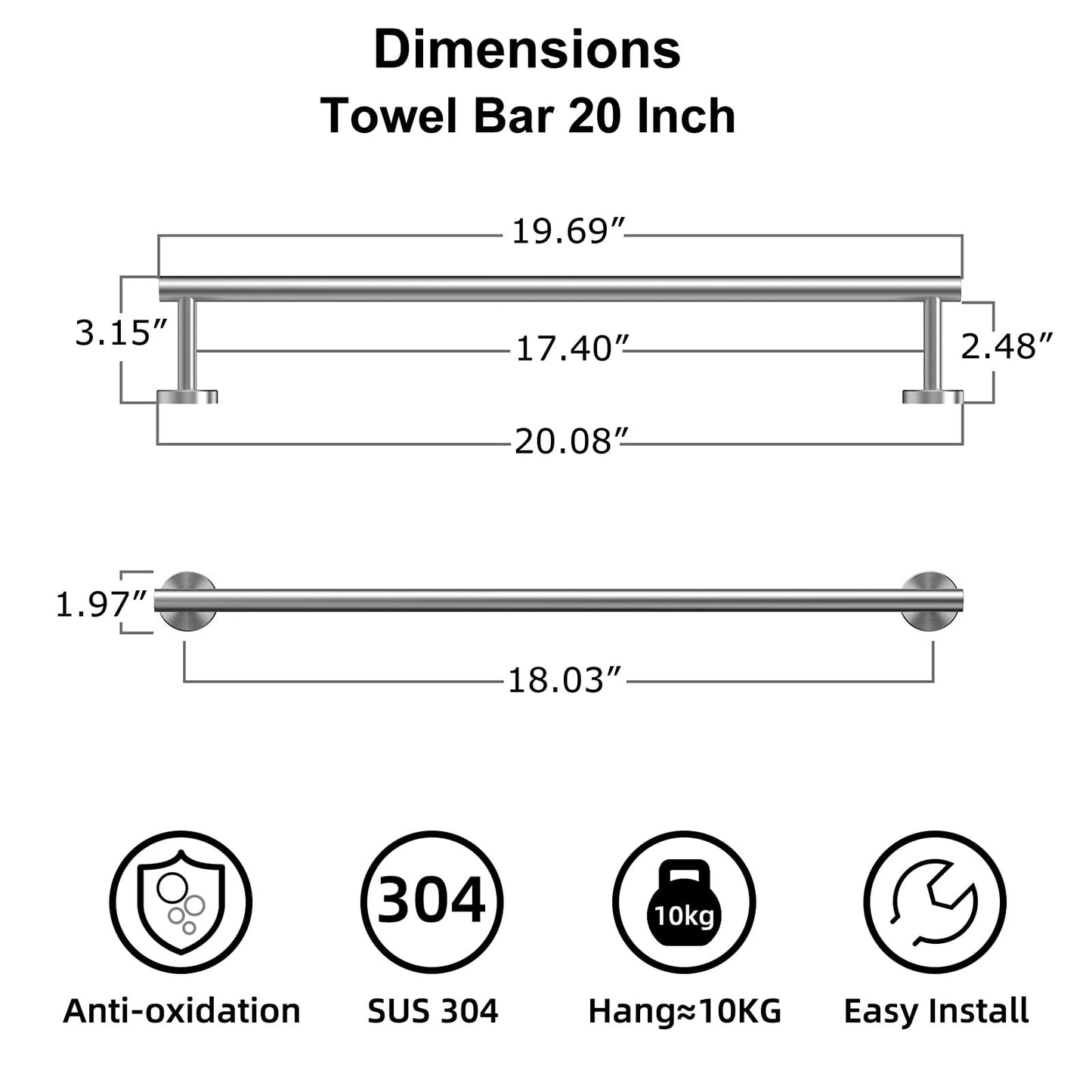 Bath Towel Bar, 20 Inch Towel Racks for Bathroom Wall Mounted, Heavy Duty Bathroom Towel Holder Organizer, Stainless Steel Modern Home Decor Towel Rod, Brushed Nickel