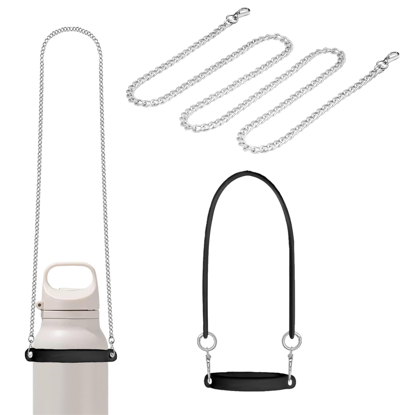 FEVER SEVEN XDSW Universal Water Bottle Carry Strap with Chain - 3-in-1 Silicone Sling, Handle & Holder for 8-40oz Stanley Cup Accessories, Yeti, Owala Tumblers - Hands-Free Cross-Body Design (Black)