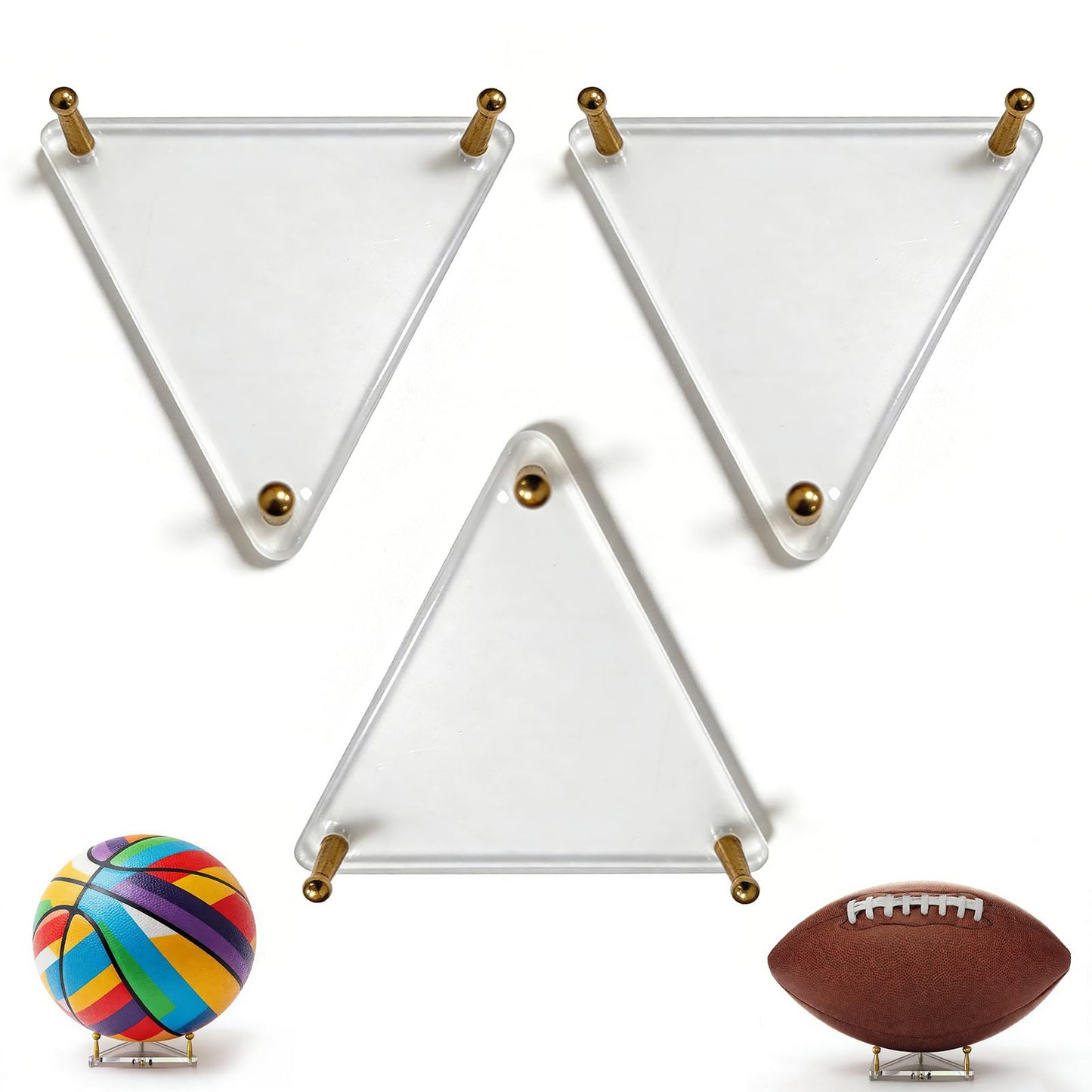 DHSUN 3-Pack Acrylic Football Display Stand, Basketball Display Stand with Gold Metal Rods, Ideal for Displaying Basketballs, Footballs, Soccer Balls, and Volleyballs
