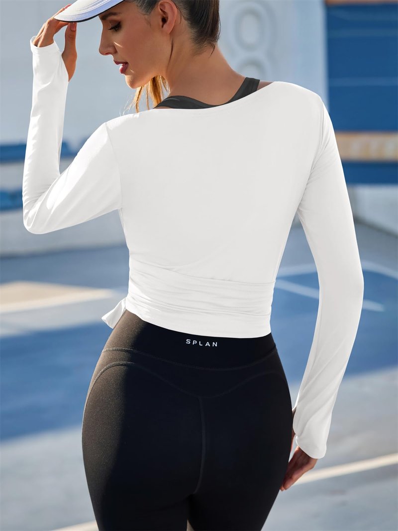 Fisoew Womens Wrap Tie Tops Long Sleeve Workout Crop Wrap Shirts Casual Lightweight Ballet Pilates Yoga Active Tops White