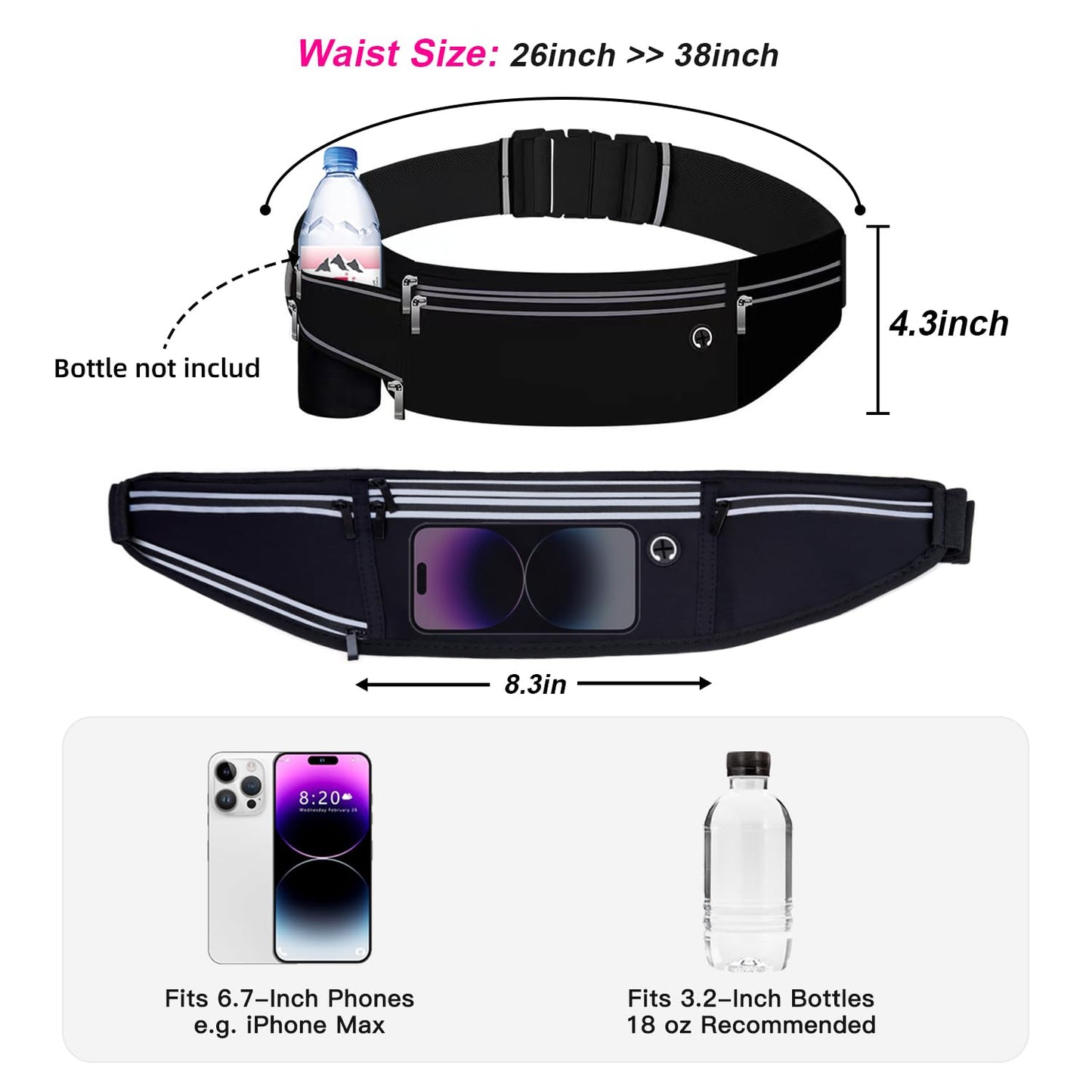 JUCURRI Slim Running Belt for Women Men,Runners Fanny Pack Phone Holder,Money Belt,Running Gear Accessories,with 3 Pockets (Jet Black)