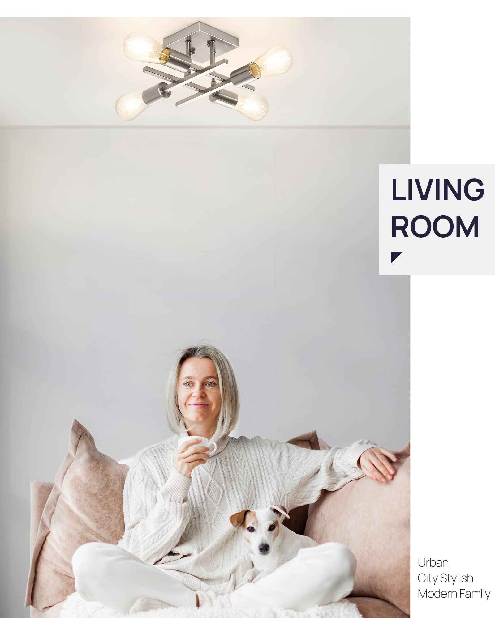 Eidonta Industrial 4-Light Semi Flush Mount Ceiling Light Fixture, 3 Pack Modern Brushed Nickel Chandelier Lighting, Farmhouse Sputnik Ceiling Lamp, E26 Base Pendant Lamps